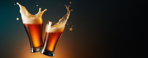 Poster - Two glasses of dark beer splashing in mid-air with foam on dynamic dark background, perfect for drink promotion or advertising poster concept.