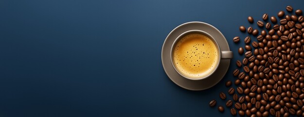 Aufkleber - Coffee cup with espresso and roasted beans on dark blue background with copy space for advertising or poster banner design template concept.