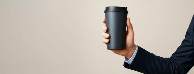 Poster - Business person holding black reusable drink cup against light background with copyspace for branding or advertising design concept.