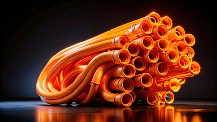 Poster - A cluster of bright orange tubes intertwine and curve into a unique abstract shape, casting warm reflections on a sleek, black surface.