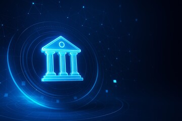 Poster - Glowing digital courthouse icon with futuristic circular elements on dark blue abstract technology background in light graphic style. Ai generative.