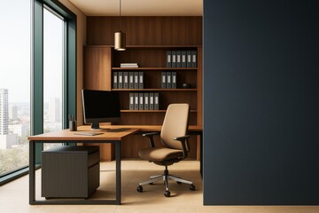 Aufkleber - Modern executive office interior with wooden furniture, computer setup, and city view through large windows in warm natural light. Ai generative.