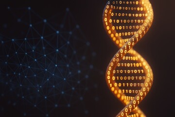 Poster - Glowing orange binary DNA helix with digital network structure on dark background symbolizing data science and bioinformatics integration.