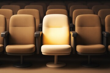 Aufkleber - Single illuminated theater seat among rows of brown chairs, glowing under spotlight, symbolizing uniqueness and individuality in abstract concept.