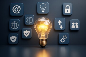 Poster - Illuminated polygonal light bulb surrounded by digital communication and internet icons on dark background, symbolizing innovation and technology concept.