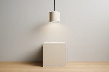 Poster - Minimalist lighted pedestal with neutral background and soft spotlight above in clean modern interior concept. Ai generative.