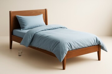 Poster - Wooden single bed with light blue bedding on beige background, minimal cozy interior concept with soft light and clean aesthetic. Ai generative.