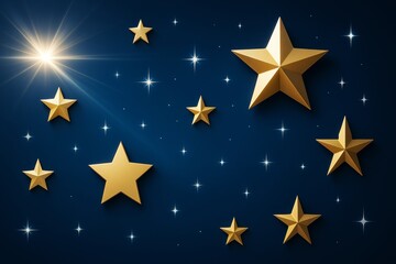 Poster - Golden stars with glowing light effects on a deep blue abstract background, creating a dreamy night sky concept with a surreal graphic style.