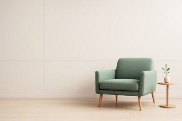 Poster - Minimalist interior scene with green armchair and small round table on light wooden floor in front of neutral wall background. Ai generative.