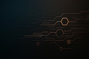 Poster - Futuristic tech circuit board design with glowing orange lines and hexagons on a dark background, symbolizing innovation and connection.