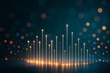 Poster - Glowing vertical light bars rising from digital surface with bokeh background in futuristic abstract concept of data, technology and communication.