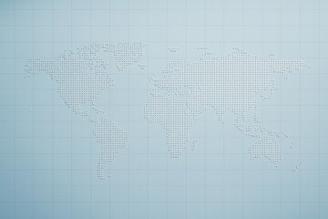 Aufkleber - Abstract dotted world map made of small white spheres on grid-lined blue background, minimalist creative graphic composition viewed from above.