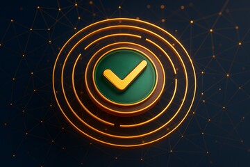 Poster - Glowing orange checkmark symbol in green circle with concentric rings on digital network background, futuristic approval concept graphic.