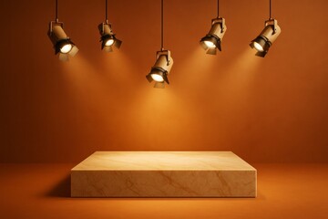 Poster - Abstract marble podium under spotlights on warm orange background with dramatic lighting and minimal design for product display concept.