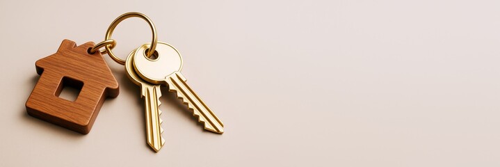 Poster - House-shaped wooden keychain with two golden keys on light background, ideal for real estate, rental, or home ownership promotion banner template.