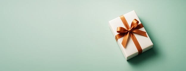 Poster - Elegant gift box with satin ribbon on pastel green background, minimal festive concept with copy space for advertising and promotional design template.