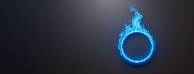 Poster - Glowing blue circle with flaming fire effect on dark background, futuristic abstract light design template for banner or promotional graphic use.