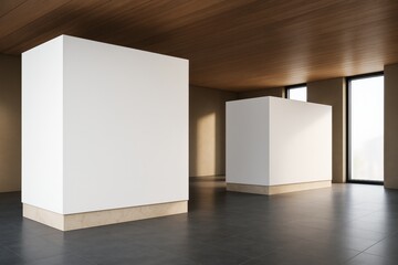Poster - Minimalist interior space with large white cubes for mockup or display on dark tiled floor and wooden ceiling under natural light concept.