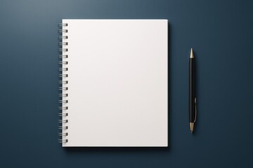 Poster - Blank spiral notebook with black pen on dark blue background, ideal for design mockup, poster template, or branding concept presentation.