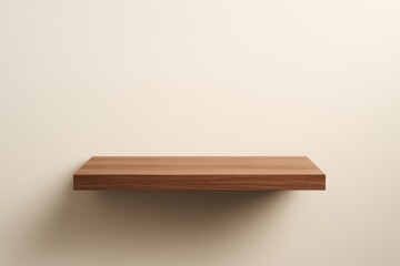Poster - Minimal wooden floating shelf on beige wall with soft light and empty space for product display or branding concept mockup template background.