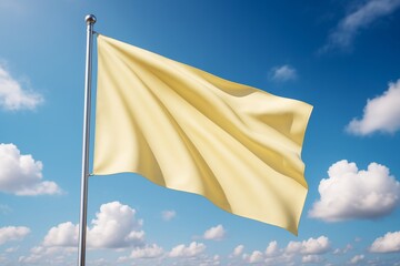Poster - Waving pale yellow flag on metal pole against blue sky with clouds, minimalist concept for mockup, clean design, branding or promotion background.