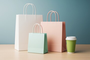 Poster - Pastel shopping bags and green takeaway coffee cup on wood surface with blue background for branding or advertising mockup concept.