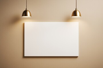 Poster - Minimalist blank white canvas mockup on beige wall background lit by two golden pendant lights for design, branding or poster presentation concept.