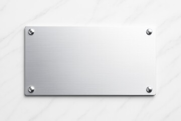 Poster - Metallic blank nameplate mounted on marble wall background with clean brushed texture and four rounded screws in each corner for branding concept.