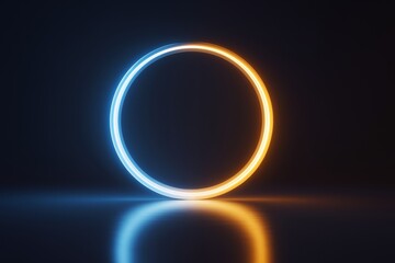 Poster - Glowing blue and orange neon circle on dark reflective background with blank space for design, branding, or advertising concept mockup template.