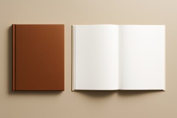 Poster - Closed brown hardcover book and open blank notebook on beige background with soft light, clean layout for mockup or branding concept.
