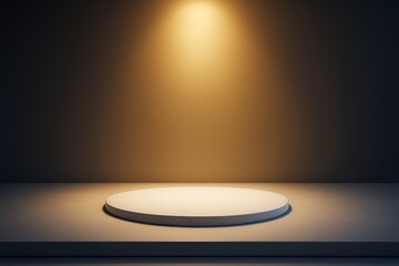 Poster - Minimalist round white podium under warm spotlight on dark background for product display or branding concept mockup template scene.