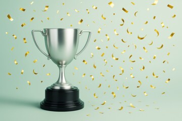 Poster - Silver trophy cup with black base and golden confetti on light green background celebrating success and achievement in a clean minimal style.