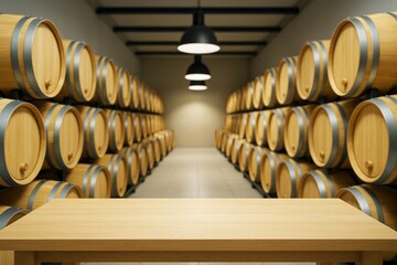 Poster - Wooden table in front of rows of wine barrels in cellar under pendant lights with copy space for mockup or banner background concept scene.