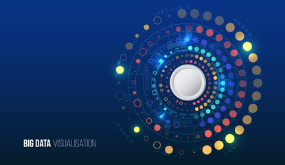 Poster - Visualization of big data in the form of concentric circles, digital elements and bright color accents. Symbolizes data analysis, digital technologies, artificial intelligence and cyberspace.