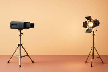 Aufkleber - Projector and studio light on tripods facing each other in minimal creative setup on warm background. Ai generative.