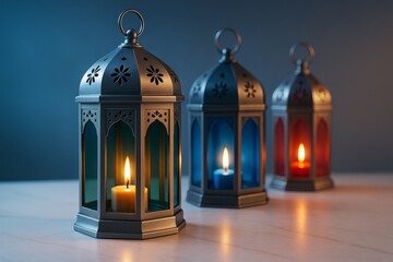 Poster - Traditional metal lanterns with colorful glass panels and candles glowing inside on soft surface, warm light ambiance on dark blue background.