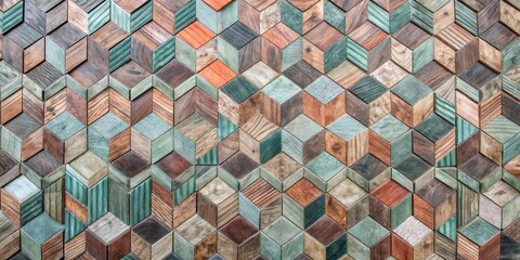 Aufkleber - A geometric pattern of wooden cubes, each with a unique grain and color, creating a visually appealing and textured surface