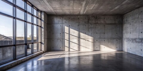 Poster - Sunlight Streams Through a Large Window into an Empty Concrete Room with a Polished Floor
