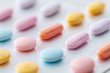 Poster - collection of contemporary medicine blister packs with pills arranged neatly on white surface