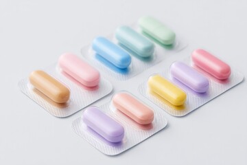 Poster - collection of contemporary medicine blister packs with pills arranged neatly on white surface
