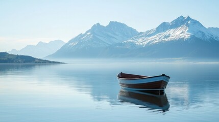 Naklejka na meble A small boat floating on tranquil waters with a backdrop of snow-capped mountains.