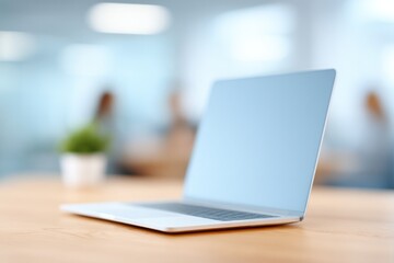 Poster - home workspace setup with focused desk and blurred people in background contemporary style