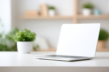Poster - home workspace setup with focused desk and blurred people in background contemporary style