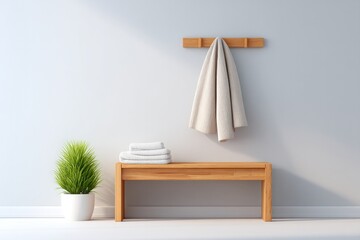 Poster - minimalistic hallway scene features sleek wooden bench against empty wall with plenty of copy space