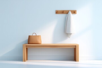 Poster - minimalistic hallway scene features sleek wooden bench against empty wall with plenty of copy space