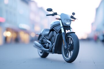 Poster - motorbike stands alone in stylish composition its sleek design highlighted against urban backdrop