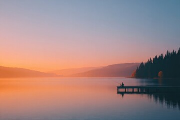 Poster - single fisherman elegantly casts his line from minimalist wooden dock on calm misty lake at sunrise
