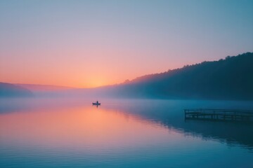 Poster - single fisherman elegantly casts his line from minimalist wooden dock on calm misty lake at sunrise