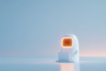 Poster - solitary humanoid robot in minimalistic setting seated at clean white desk with single glowing screen capturing quiet
