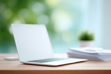Aufkleber - capture clean and minimalistic scene of well-organized project manager desk with scattered documents laptop and simple